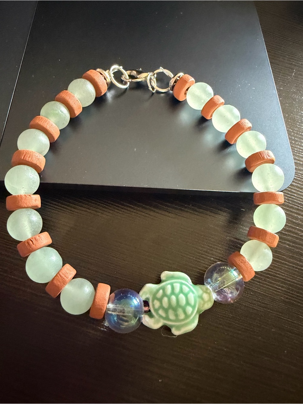 Mint Sea-Glass Bead Bracelet with Turtle Focal